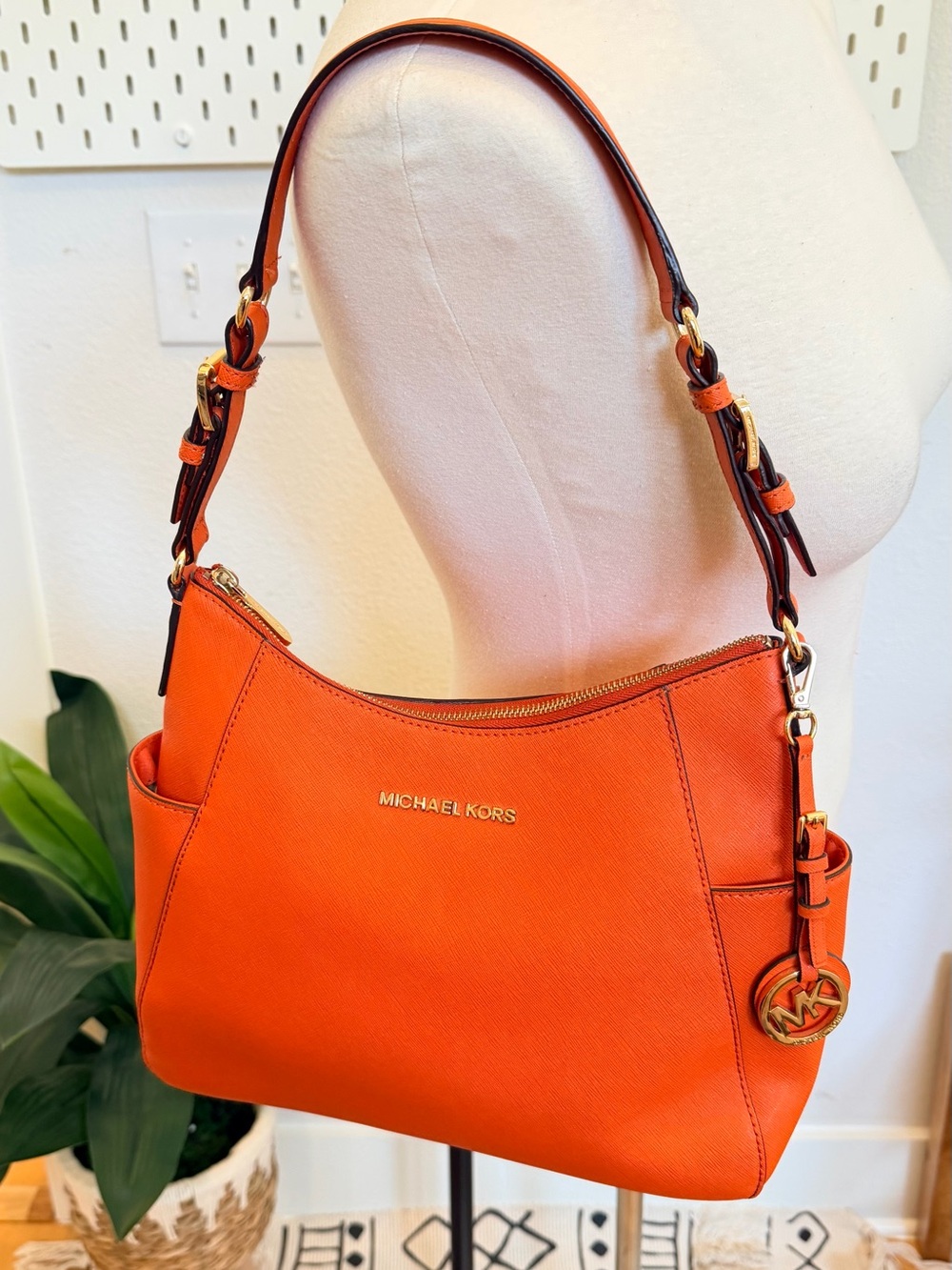 MICHAEL KORS Orange Saffiano Leather Hobo Shoulder Bag Gold Hardware